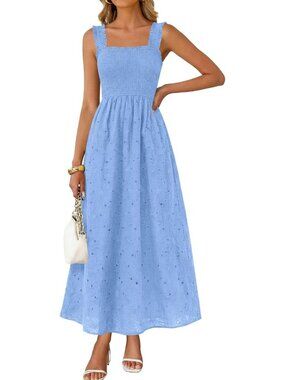 Women's Light Blue Boho Sleeveless Square Neck Cotton Flowy Long Maxi Dress
